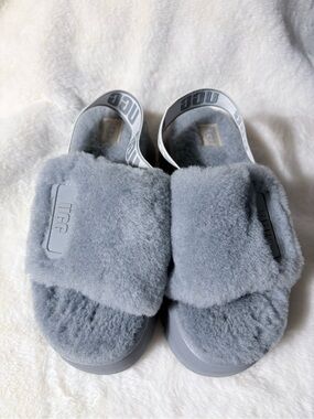 UGG Grey Plush Fluff Slide Sandals with Branded Back Strap